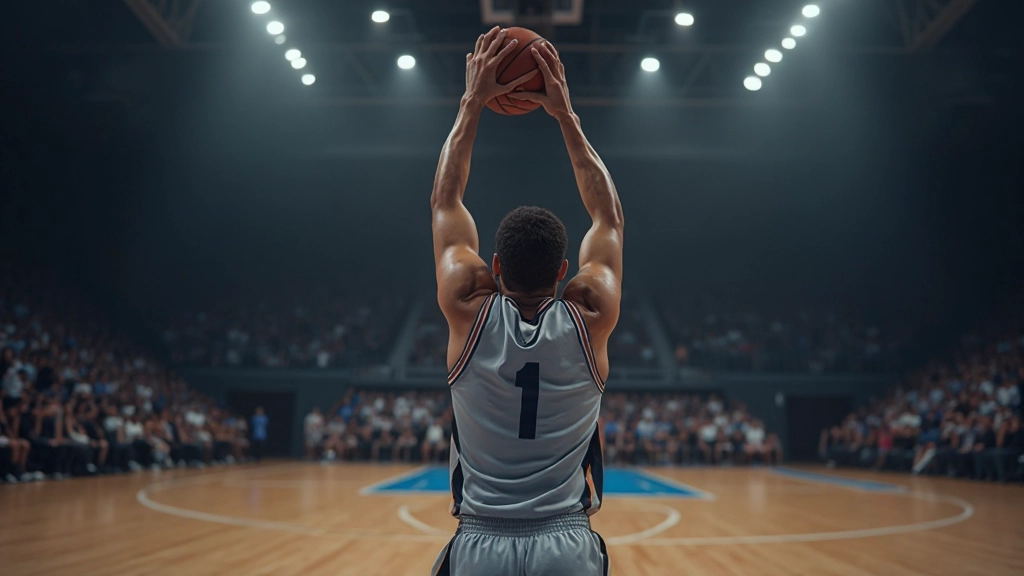 لاعب كرة سلة يرمي من خارج الخط ثلاثي النقاط في ملعب رسمي