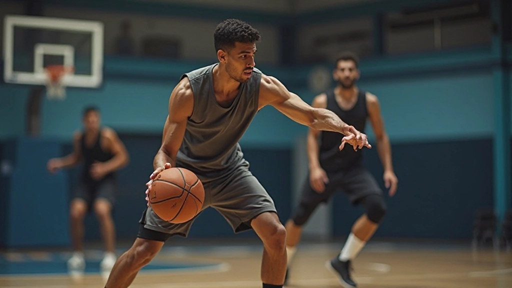 لاعب كرة سلة يقوم بتمارين التحكم بالكرة والدريبل في ملعب الرياضة